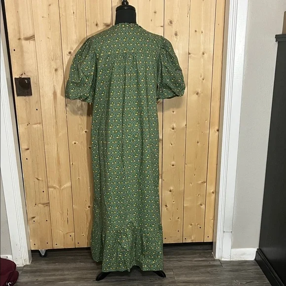Puffy Sleeve Green Patterned Dress - Picture 5 of 6